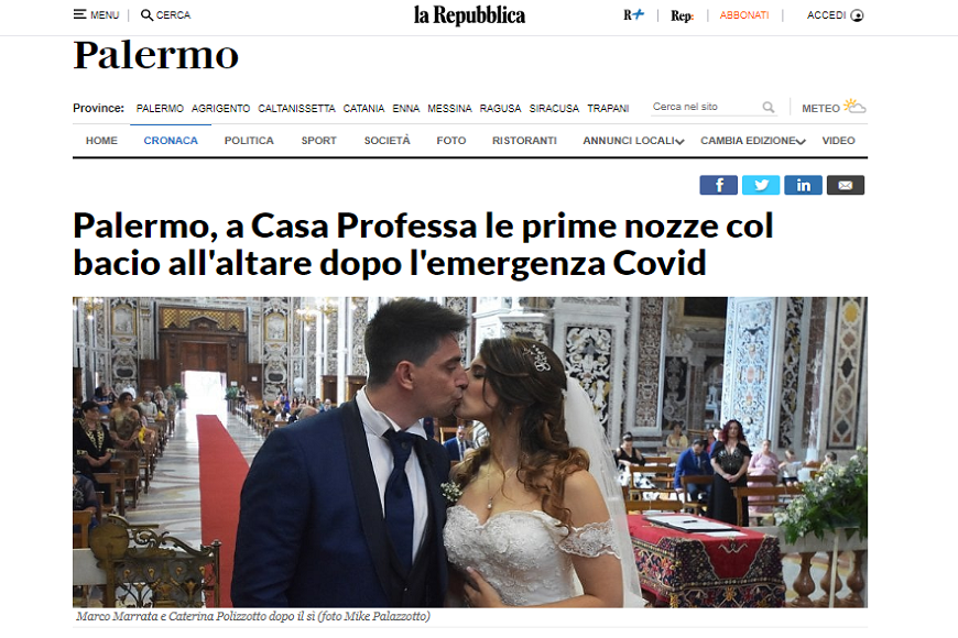 Palermo, prime nozze senza mascherina a Casa Professa: la storia d’amore tra Marco e Caterina